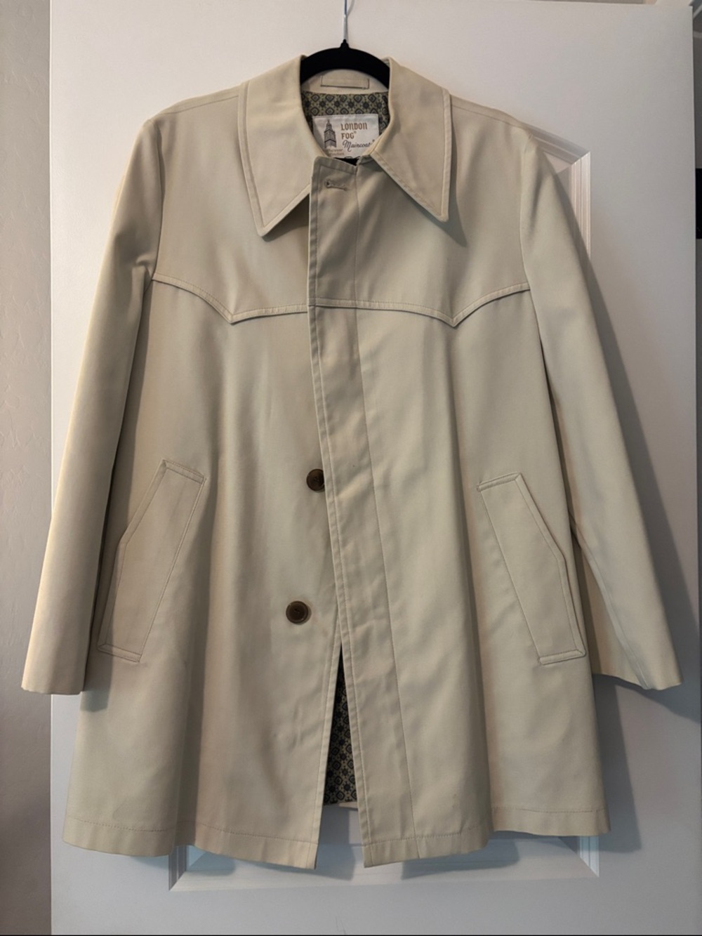 London Fog Cream Button-Front Trench Coat, size 40 short, pit to pit 21 1/2